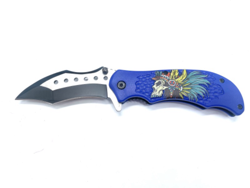 Photo 2 of Blue Pocket Knife With Featherhead Indian Pocket Knife With Clip NEW