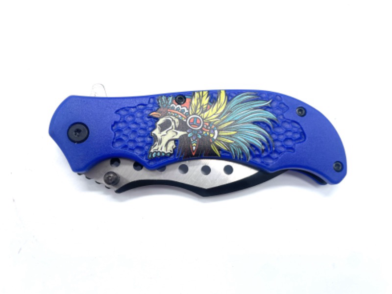 Photo 1 of Blue Pocket Knife With Featherhead Indian Pocket Knife With Clip NEW