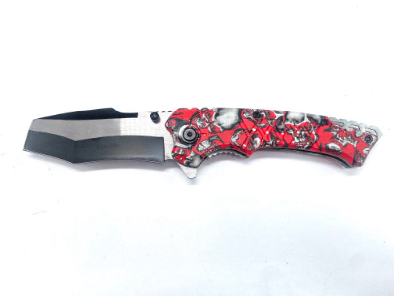 Photo 2 of Skulls Pocket Knife With Red Background And Mini Cleaver Blade And Clip New