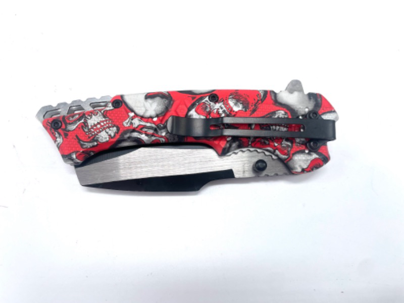 Photo 3 of Skulls Pocket Knife With Red Background And Mini Cleaver Blade And Clip New