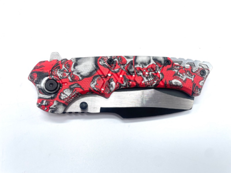 Photo 1 of Skulls Pocket Knife With Red Background And Mini Cleaver Blade And Clip New