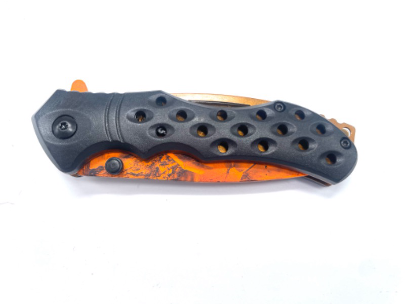 Photo 1 of Black Pocket Knife With Orange Leaf Camo Blade New