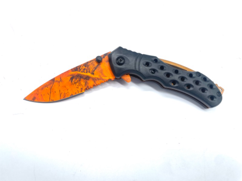 Photo 2 of Black Pocket Knife With Orange Leaf Camo Blade New