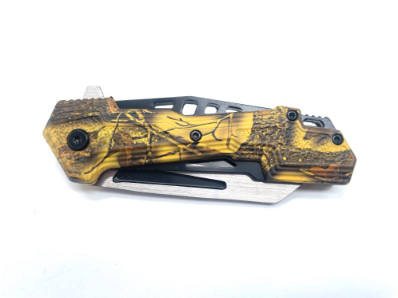 Photo 1 of Yellow Camo Leaf Pocket Knife With Mini Cleaver Blade New