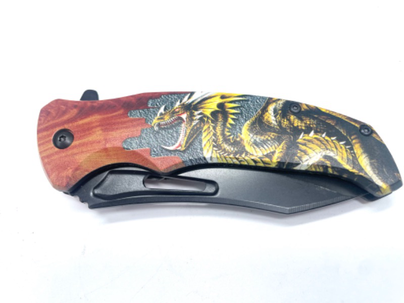 Photo 1 of Wood Pocket Knife With Yellow Dragon And Black Blade New
