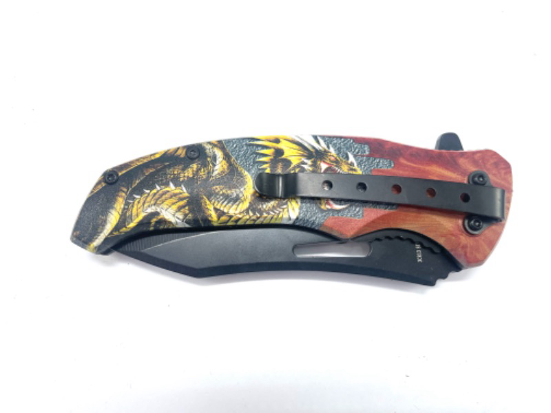 Photo 3 of Wood Pocket Knife With Yellow Dragon And Black Blade New
