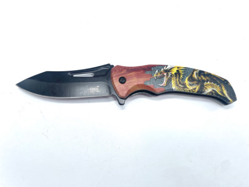 Photo 2 of Wood Pocket Knife With Yellow Dragon And Black Blade New