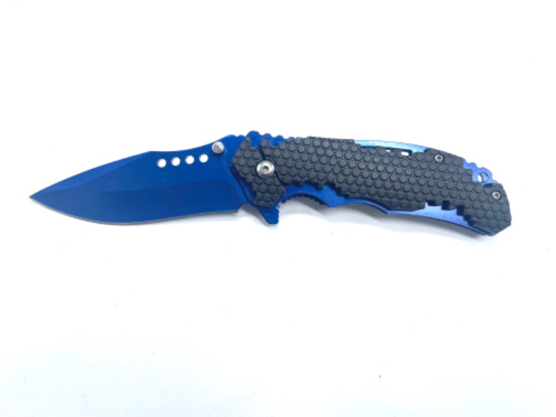 Photo 2 of Black Honeycomb Detail Pocket Knife With Blue Blade and Clip New