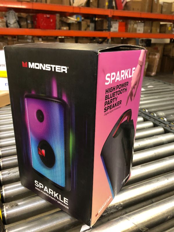 Photo 4 of Monster Sparkle Loud Bluetooth Speaker 80W, Party Speaker with Powerful Sound and Heavy Bass, Full Screen Colorful Lights, 24H Playtime, AUX, USB Playback, Portable Waterproof Speaker for Outdoor Home - HANDLE IS BROKEN- WORKS FINE 
