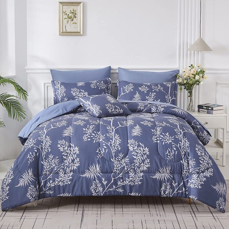 Photo 1 of Yogeneg Botanical Queen Comforter Set,7 Piece Bed in a Bag,White Floral Leaves Print on Blue Reversible Design,Soft Microfiber Bedding Complete Set for All Season(Blue,Queen)
