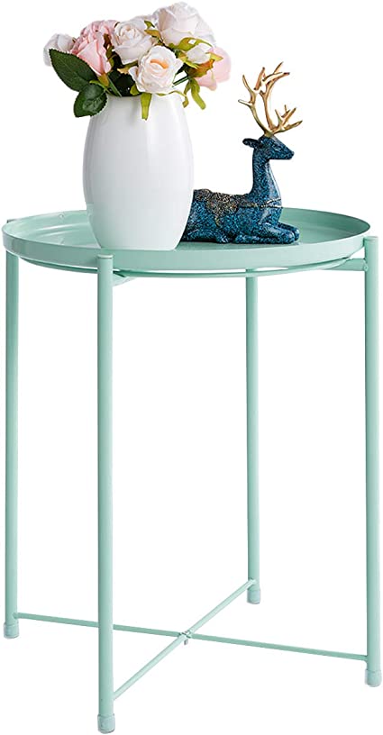 Photo 1 of  Tray Metal End Table, Sofa Table Small Round Side Tables, Anti-Rust and Waterproof Outdoor & Indoor Snack Table, Accent Coffee Table,, Mint Green
