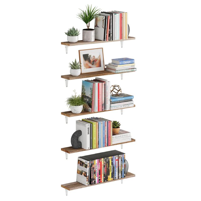 Photo 1 of Wallniture Arras Floating Shelves for Wall Decor 24" Bookshelf Living Room Decor Wall Shelf for Bathroom & Kitchen, Office & Bedroom Decor Burnt, White Bracket Set of 5