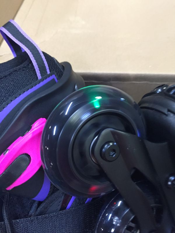 Photo 3 of 2PM SPORTS Vinal Girls Adjustable Flashing Inline Skates, All Wheels Light Up, Fun Illuminating Skates for Kids and Men- Azure Small (1Y-4Y US) Violet & Magenta Large - Youth (4-7 US)