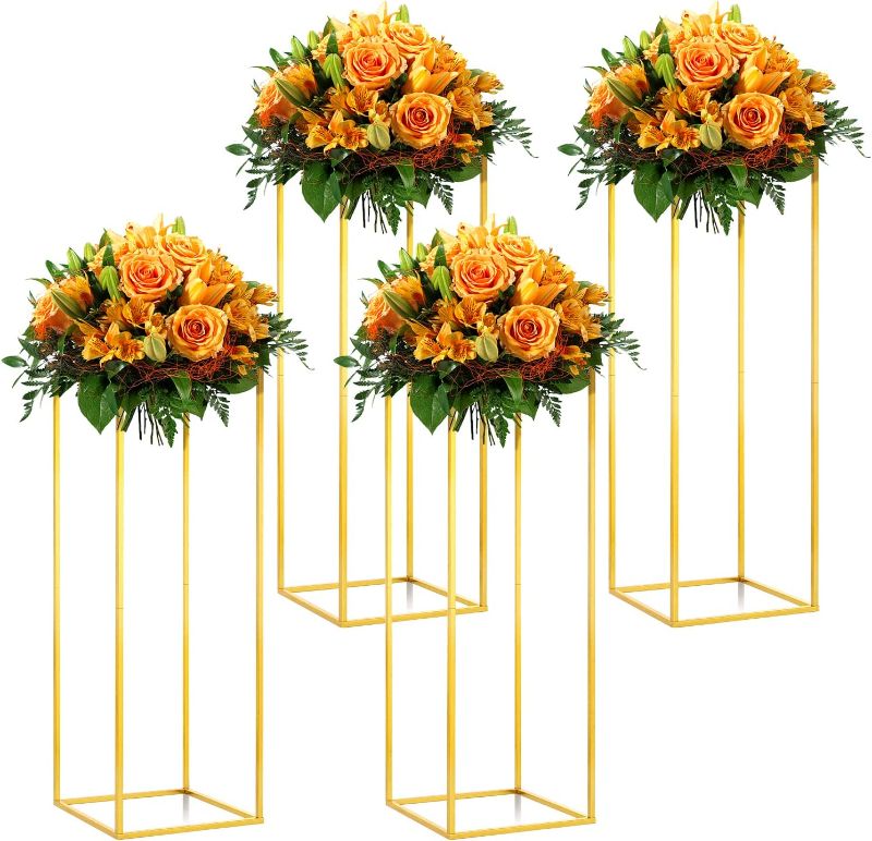 Photo 1 of  4 Pcs Wedding Flower Stand Metal Flower Floor Vase Column Wedding Centerpieces for Tables 80cm/31.5in Tall Gold Flower