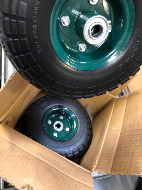 Photo 2 of 2 Pcs 10" Flat Free Tires Solid Pneumatic Tires Wheels, 4.10/3.50-4 Air Less Tires with 5/8 Center Bearings, for Wheelbarrow/Trolley Dolly/Garden Wagon Carts/Hand Truck/Wheel Barrel/Lawn Mower, 2 Pack 2 pcs 10'' 4.1/3.50-4