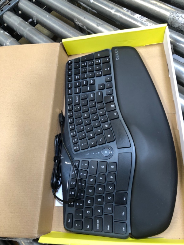 Photo 2 of DeLUX Wired Ergonomic Split Keyboard with Wrist Rest, [Standard Ergo] Keyboard Series with 2 USB Passthrough, Natural Typing Reducing Hand Pressure, 107 Keys for Windows and Mac OS (GM901U-Black)