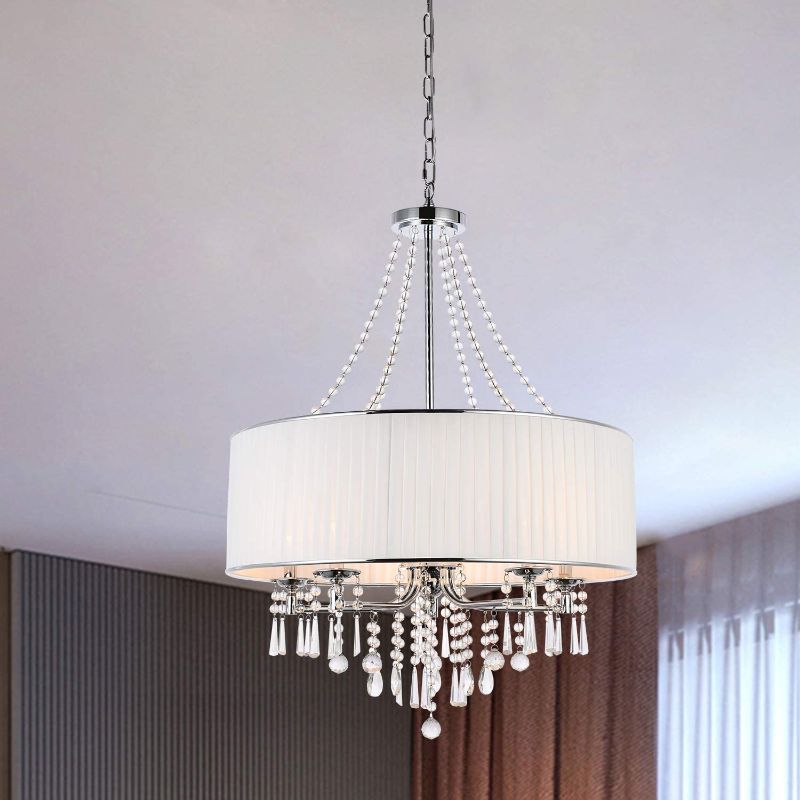 Photo 1 of A1A9 Modern 5-Light Drum Pendant Lighting Fixture, 26'' White Fabric Shade, Elegant Hanging Ceiling Lights with Crystal, Chrome Finish Chandelier for Entryway, Hallway, Dining Room and Foyer
