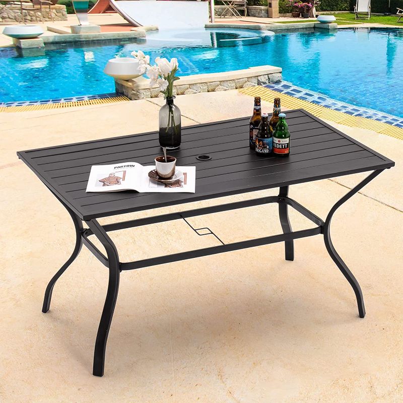 Photo 1 of Amopatio Outdoor Dining Table for 6, Rectanglar Patio Table 53" L x 30" W x 28" H, Metal Table with 1.5" Umbrella Hole for Garden Deck Backyard Poolside, Black