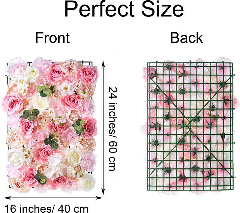 Photo 3 of  1 PC Pink Flower Wall Decor, 24" X 16" Silk Rose Wall, Artificial Flower Wall Backdrop Faux Flower Panel for Wedding, Party, Nursery, Baby Girl Room, Home Deco