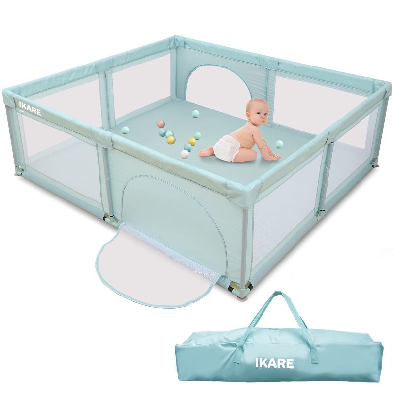 Photo 1 of IKARE Baby Playpen, Extra Large Playard, Indoor & Outdoor Kid Activity Center Sturdy Safety Play Yard with Portable Carry Bag, Super Soft Breathable Mesh, Side Zipper Design, Fence for Infant Toddler
