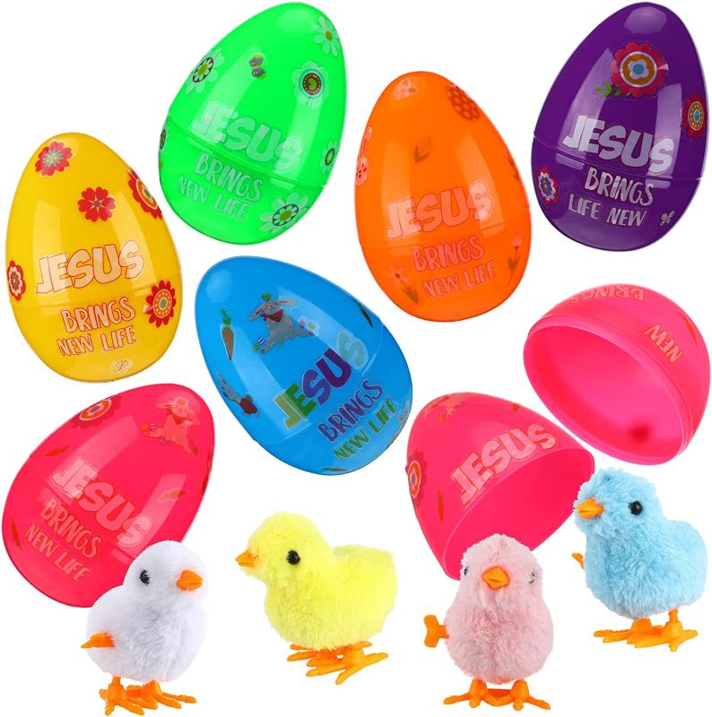Photo 1 of 36 Pcs Christian Theme Easter Eggs with Wind Up Chicks Jesus Brings New Life Stickers DIY Easter Eggs with Chick Filled Plastic Easter Eggs for Easter Egg Hunt Basket Stuffers Filler and Party Favors
