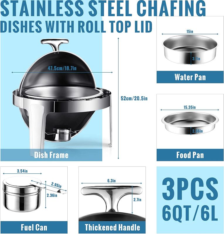 Photo 1 of 6 Qt Round Food Warmer with Roll Top, Chaffing Servers Dishes Buffet Catering Warmer with Solid Stand and Fuel Holder for Party Banquets Wedding