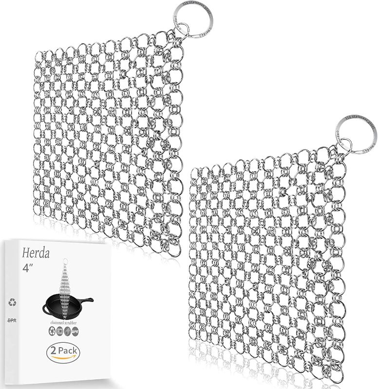 Photo 1 of 2Pack Cast Iron Cleaner Stainless Steel Chain Mail Scrubber, Iron Skillet Scrub Brush for Pan Pot Chain Scrubber Cleaning Dutch Ovens Carbon Steel Wok Grill Pan, Chain Mail to Clean Castiron by Herda
