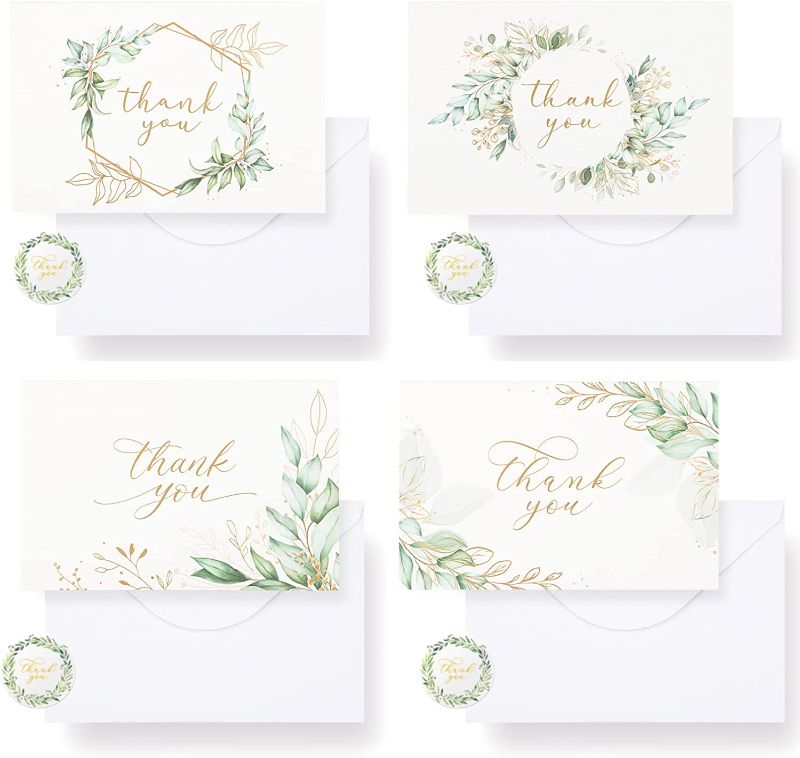 Photo 1 of 100 Eucalyptus Matt Gold Foil Greenery Thank You Cards with Envelopes and Matching stickers 4x6 Inch | Bulk Watercolor Foliage Thank You Notes | Suitable for Business, Baby Shower, Wedding, Small Business, Graduation, Bridal Shower, Funeral, Anniversary
