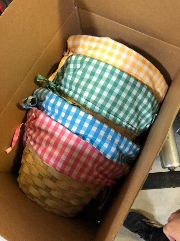 Photo 2 of 4 Pcs Easter Basket Picnic Basket Woven Basket with Handle Wooden Cute Baskets for Wood Basket Picnic Hamper Easter Eggs and Candy Basket with 4 Bags Lafite Grass 4 Pcs Rabbit Wood Chips (Plaid)