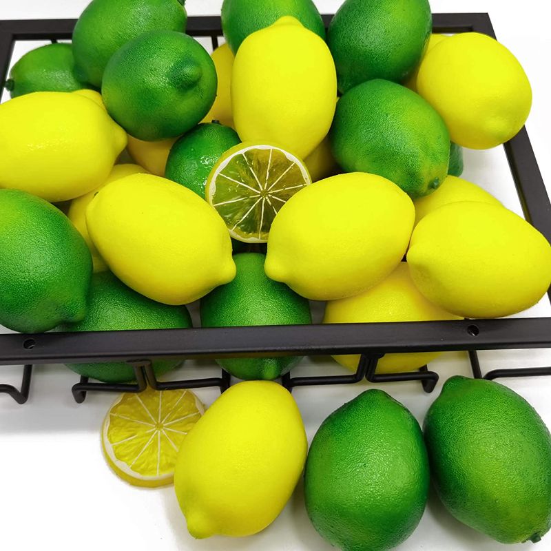 Photo 1 of 30 Pack Faux Yellow Lemons Artificial Fruits Fake Lemons Lifelike Simulation for Lemonade Party Kitchen Table Summer Decorations Vase Fillers Fruit Bowl Lemon Wreath Garland Photography Props