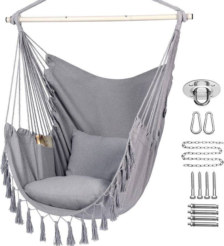Photo 1 of Y- STOP Hammock Chair Hanging Rope Swing, Max 500 Lbs, 2 Cushions Included, Large Macrame Hanging Chair with Pocket for Superior Comfort, with Hardware Kit (Light Grey)