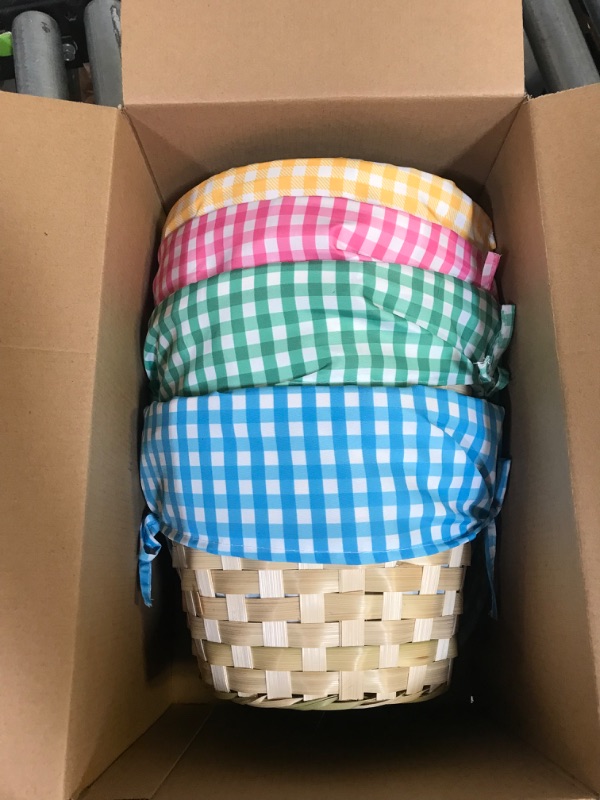 Photo 1 of 4 Pcs Easter Basket Picnic Basket Woven Basket with Handle Wooden Cute Baskets for Wood Basket Picnic Hamper Easter Eggs and Candy Basket with 4 Bags Lafite Grass 4 Pcs Rabbit Wood Chips (Plaid)

