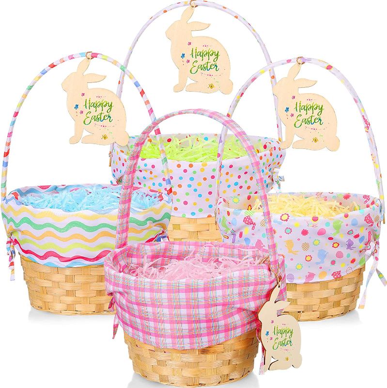 Photo 1 of \4 Pcs Easter Basket Picnic Basket Woven Basket with Handle Wooden Cute Baskets for Wood Basket Picnic Hamper Easter Eggs and Candy Basket with 4 Bags Lafite Grass 4 Pcs Rabbit Wood Chips (Pattern)
