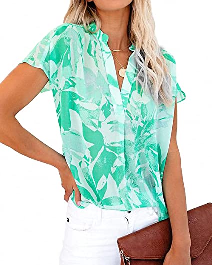 Photo 1 of Allimy Women Summer Casual Split V Neckline Chiffon Blouses Loose Tunic Short Sleeve Tops MEDIUM