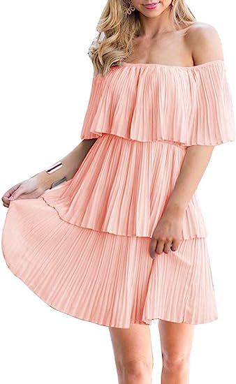 Photo 1 of  Women's Casual Off The Shoulder Sleeveless Tiered Ruffle Pleated Short Party Beach Dress S