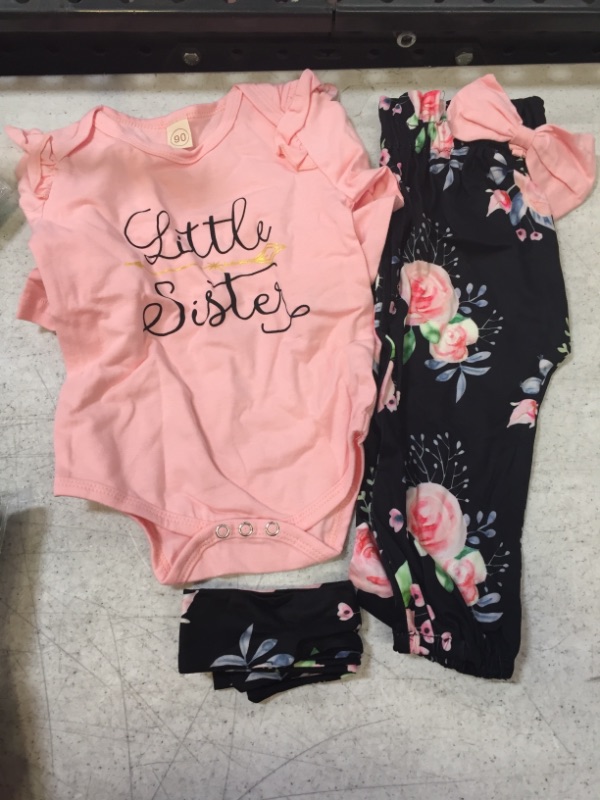 Photo 2 of DOOLECK Little Sister Big Sister Matching Outfit Long Sleeve Ruffle Tops Romper Floral Pants Headband 3PCS Baby Girl Clothes 12-18 Months Little Sister Pink