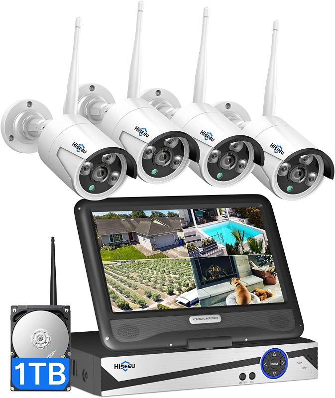 Photo 1 of [10CH Expandable] Hiseeu Wireless Security Camera System with 10in LCD 2K Monitor, 4Pcs 3MP Outdoor Indoor Cameras with One-Way Audio, Waterproof, Motion Detect, 1TB HDD/Cloud Storage, Work with Alexa