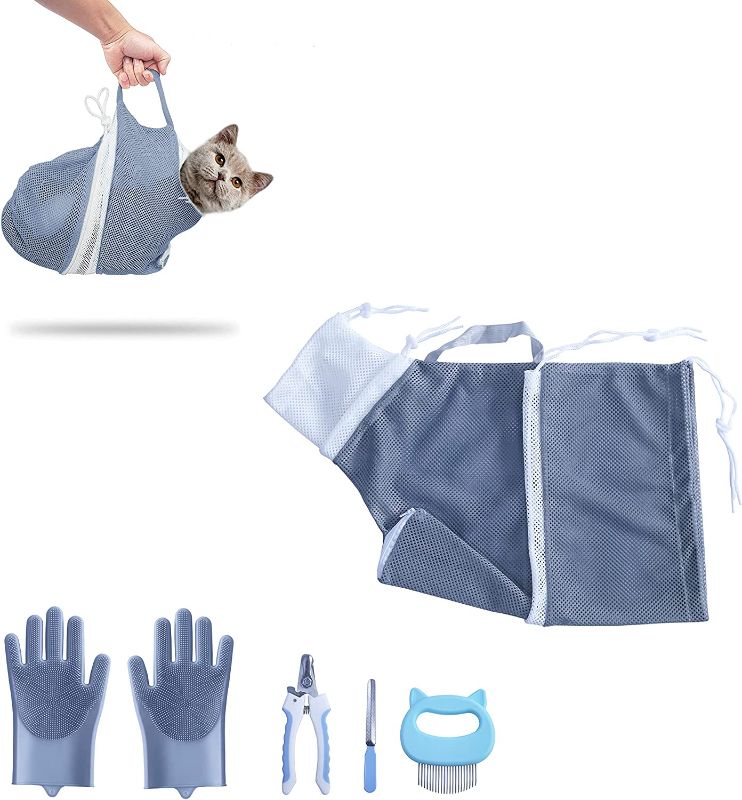 Photo 1 of  Cat Bathing Bag, Adjustable Anti-bite and Anti-Scratch Cat Shower Mesh Grooming Bag for Pet Dogs and Cats, Includes Pet Nail Clipper, Nail File, Grooming Glove, and Cat Shell Comb