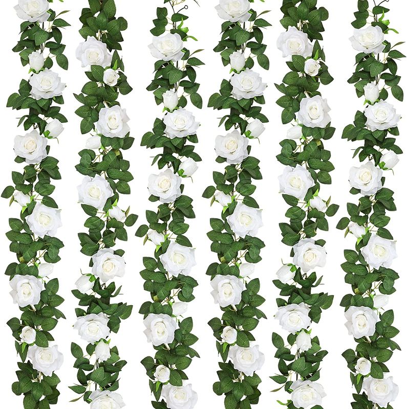 Photo 1 of 39 FT Artificial Rose Vine Fake Flower Garland Faux Silk Floral Hanging Ivy for Wedding Arch Party Ceremony Background Wall Garden Outdoor Decor (White)