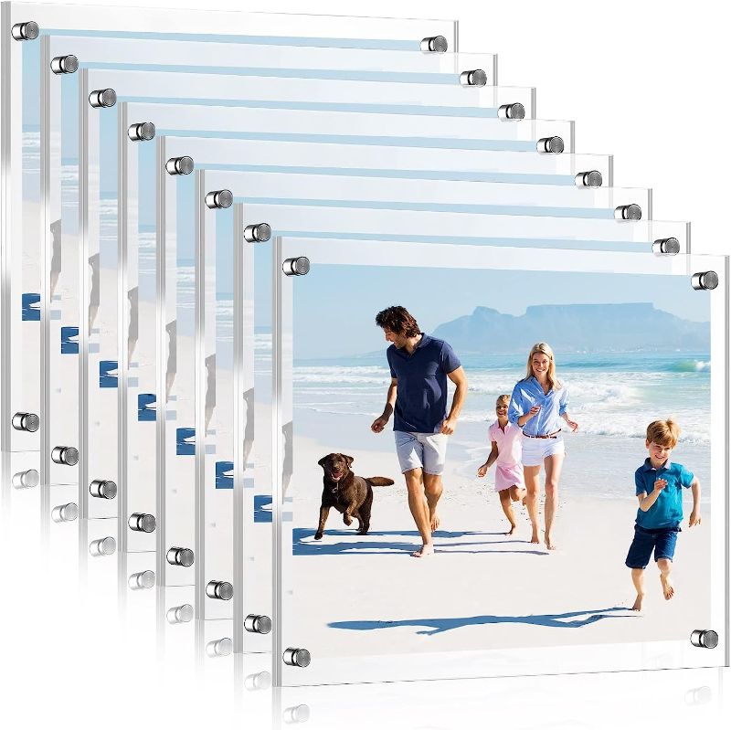 Photo 1 of 8 Pack Acrylic Floating Picture Frame Wall Mount Frameless Photo Frames Double Panel Clear Picture Frame for Office Home Photography Display (For 8 x 10 Inch Picture, Full Frame 9.2 x 11.4 Inch)