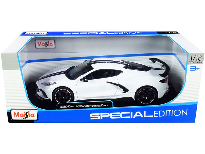 Photo 1 of Maisto 31455w High Wing White with Black Stripes 1 by 18 Diecast Model Car for 2020 Chevrolet Corvette Stingray C8 Coupe
