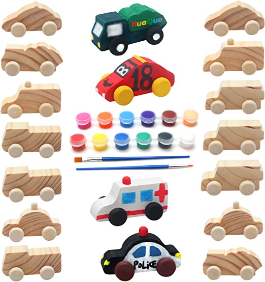 Photo 1 of HuaQue Wooden Cars, Come with 18pcs Unfinished Wooden Toy Cars and 12pcs Paint Colors for Kids Wooden Cars to Paint
