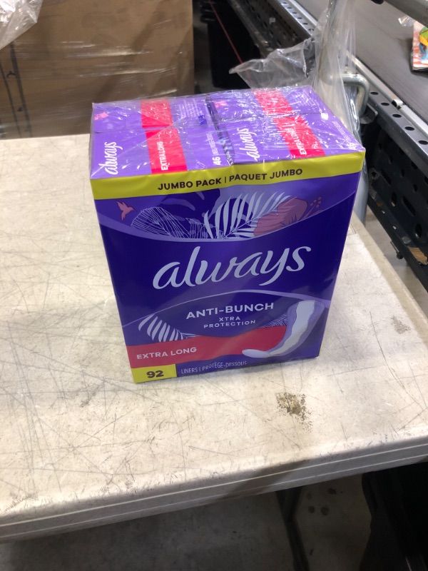 Photo 2 of Always Anti-Bunch Xtra Protection, Panty Liners For Women, Light Absorbency, Extra Long Length, Leakguard + Rapiddry, Unsented, 92 Count Extra Long (92ct)