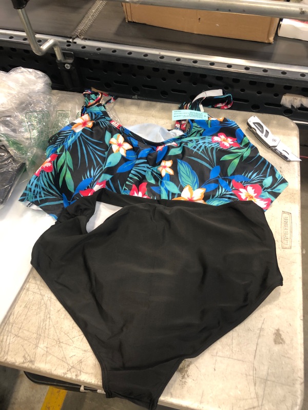 Photo 1 of 2 PC WOMENS SWIM SUIT ( COLOR : BLUE AND BLACK TROPICAL TOP AND HIGH WAISTED BOTTOMS ) ( SIZE: LARGE ) 