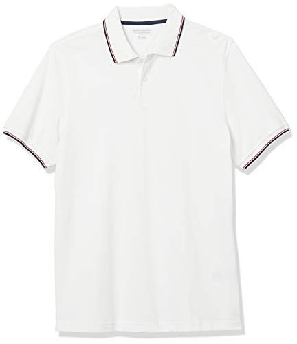 Photo 1 of Amazon Essentials Men's Slim-Fit Cotton Pique Polo Shirt, White/Red/Navy, Large
