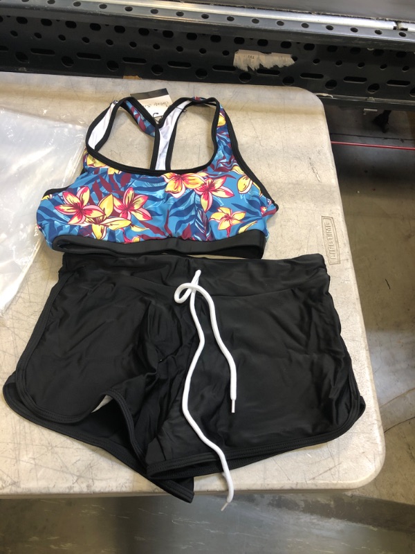 Photo 1 of 2 PC BLUE TROPICAL TOP AND BLACK BOTTOMS SWIM SET ( SIZE: XS) 