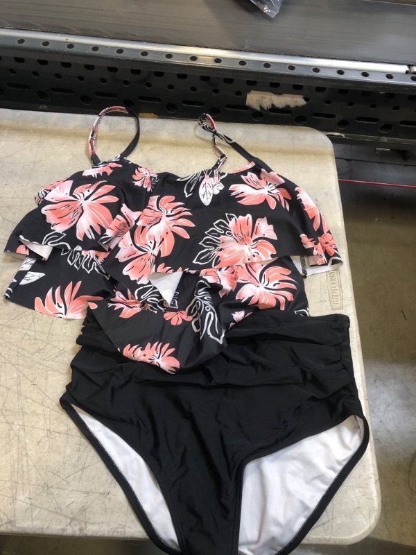 Photo 1 of 2 PC WOMENS SWIM SUIT ( PINK AND BLACK FLOWY TOP AND HIGH WAISTED BOTTOMS ) ( SIZE: MEDIUM) 