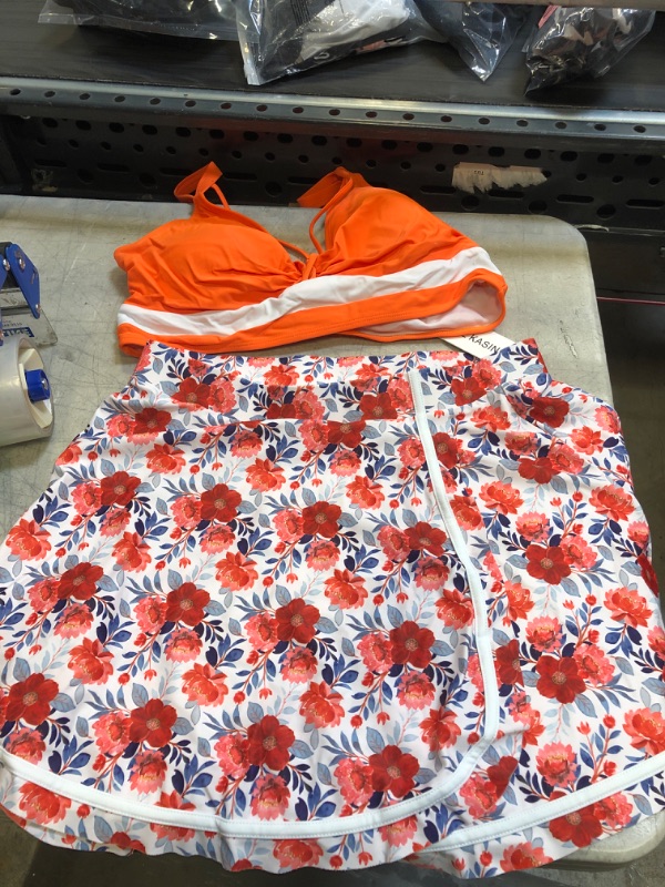 Photo 1 of 2 PC WOMENS OUTFIT ( ORANGE TOP AND RED FLORAL BOTTOMS ) ( SIZE: LARGE ) 