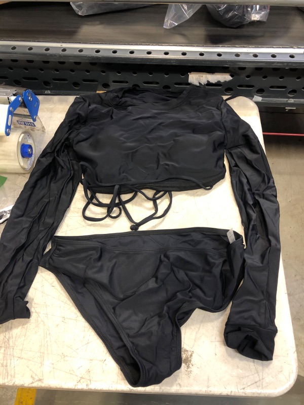 Photo 1 of BLACK LONG SLEEVE SWIM TOP WITH HIGH WAISTED SWIM BOTTOMS ( SIZE: LARGE ) 