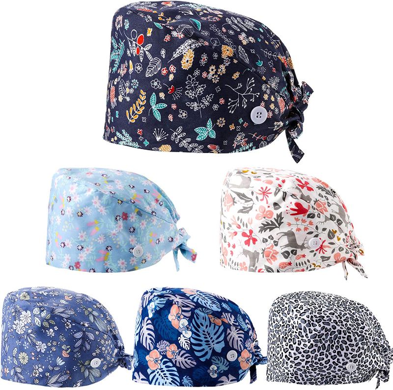 Photo 1 of 6 Pieces Scrub Caps with Buttons Women Working Cap Adjustable Sweatband Bouffant Hats (Floral Pattern) Multicoloured